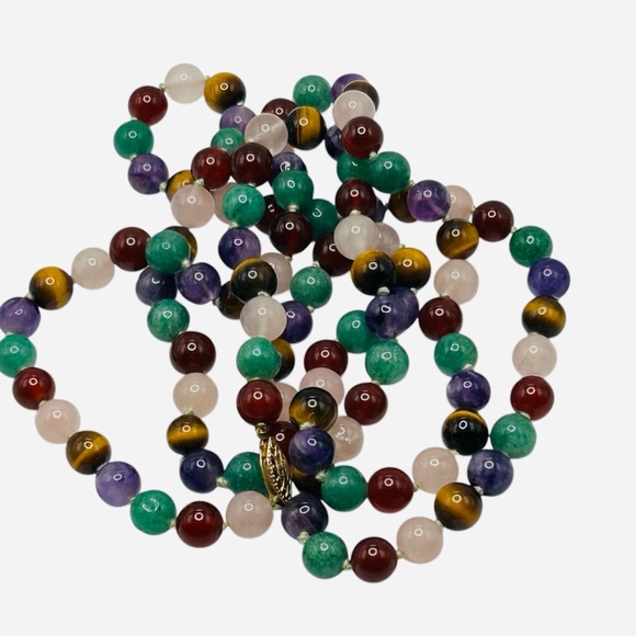 Long Vintage Genuine Gemstone Bead Necklace Hand Knotted - Picture 3 of 7